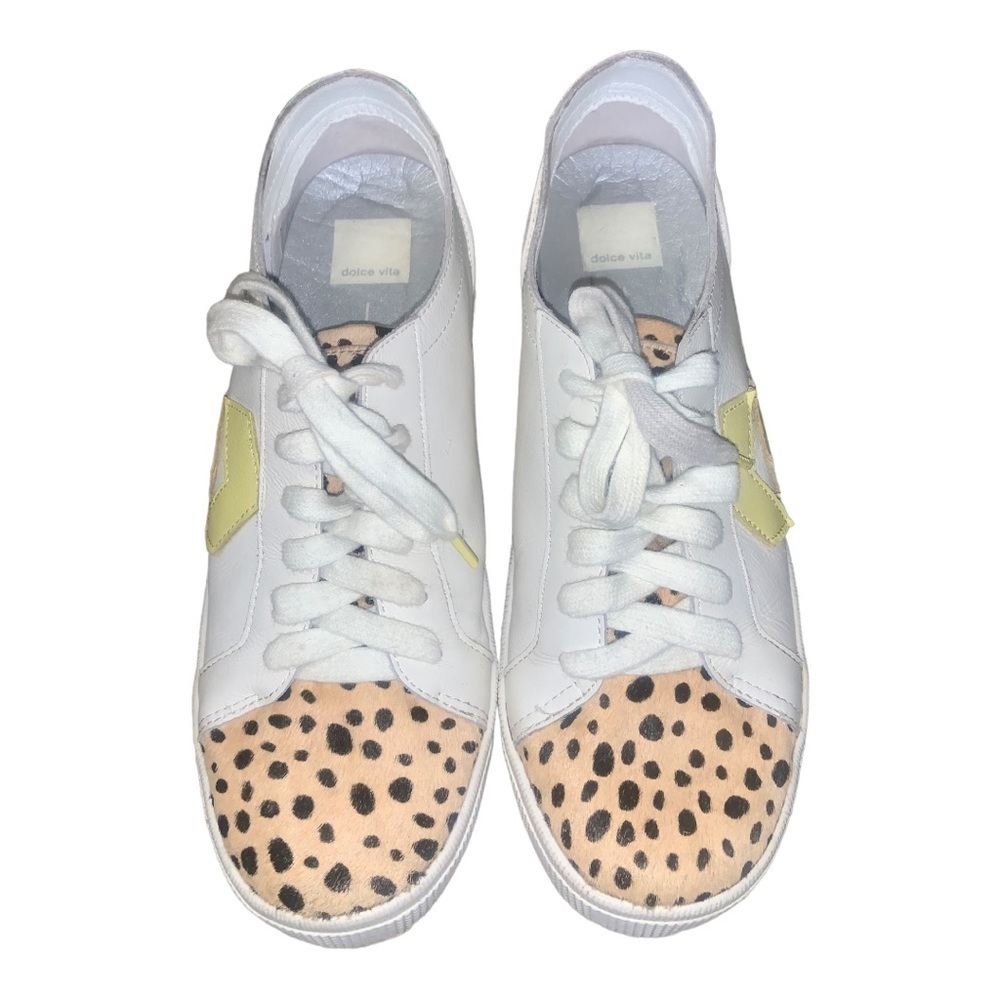 Dolce Vita Zaga Sneaker Size 8 White Tan Leopard Leather Calf-Hair Lace-Up Shoes